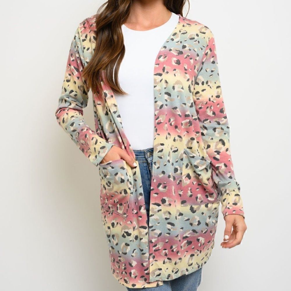 Animal Print Multi Colored Long Sleeve Open Cardigan with Pockets New Trendy